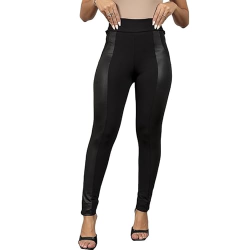 QnnQuu Women's Patchwork Leather Pants - Fashion-Forward, Sophisticated and Versatile Addition to Your Wardrobe (Black,Large)