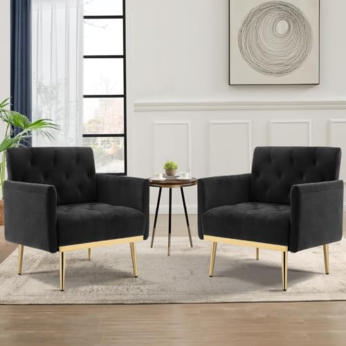 DecoraFlex Black Velvet Accent Chairs Set of 2, Comfy Button Tufted Armchair, Upholstered Arm Chair Single Sofa Reading Chairs with Arms and Gold Metal Leg for Living Room Bedroom Nursery Office