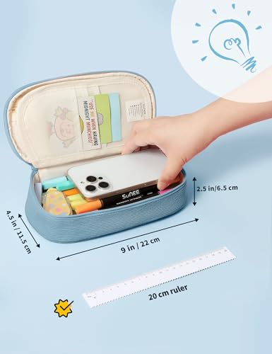 Image of SUNEE Cute Pencil Case, Large Pencil Pouch, Aesthetic Big Pencil Bag with Zipper, Kawaii Stationery Storage and Organizer, School Supplies for Teen and Adult, Boys&Girls, Soft Corduroy Grey Blue