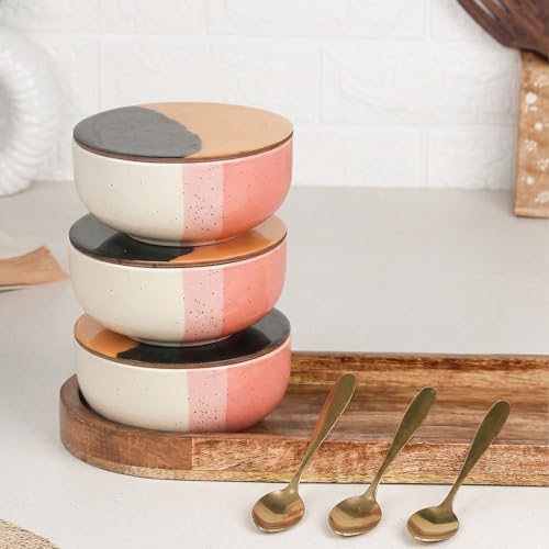 Image of The Earth Store TT Pink Matte Ceramic Bowl Serving Set - 3 Bowls (500ml Each) with Wooden Tray, 3 Spoons & 3 Multipurpose Lids /Coaster - for Snacks, Curries, Desserts & Fruits | Diwali Gift