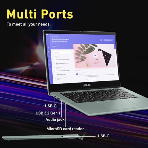 Image of ASUS Chromebook Flip 14 inch FHD Touchscreen Laptop, MediaTek Kompanio 520, 4GB LPDDR4X, 64GB eMMC, MediaTek Integrated Graphics, 720p HD Webcam, WiFi 6, Long Battery Life, Chrome OS, Gray Green (Renewed)