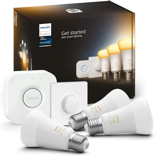 Philips Hue White Ambiance E27 3er Starter Set inkl. Smart Button, dimmbar, alle Weißschattierungen, steuerbar via App, kompatibel mit Amazon Alexa (Echo, Echo Dot) 1