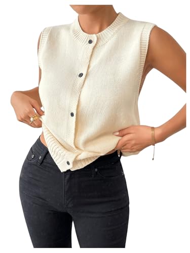 Image of SweatyRocks Women's Button Up Sweater Vest Crew Neck Sleeveless Knit Vest Tops Beige Small
