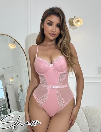 Avidlove Lingerie sexy feminina com aro e renda lingerie de couro push up Teddy XXL rosa claro, Rosa