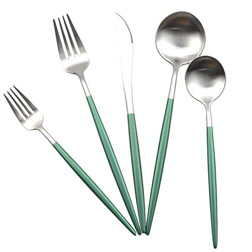 Gugrida Luxury Flatware Royal 20 Piece Matte White Handle 1810 Stainless Steel Tableware Sets for 4 Including Forks Spoons Knives Camping Silverware Travel Utensils Set Cutlery Green Silver