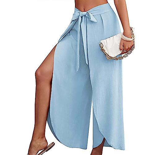GOKKILRW Womens Beach Palazzo Pants Wide Leg Summer Pants Lightweight Flowy Side Split Travel Pants Boho High Waisted Trouser4
