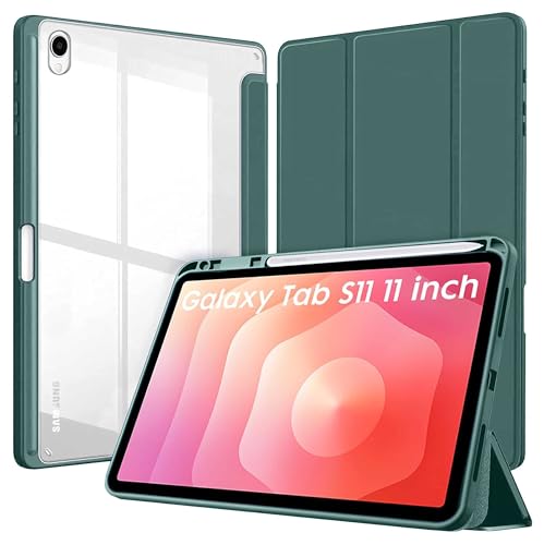 Image of ProElite Cover for Samsung Galaxy Tab S11 11 inch, Smart Flip Case Cover for Samsung Galaxy Tab S11 11 inch with Pen Holder, Dark Green [Transparent Back]