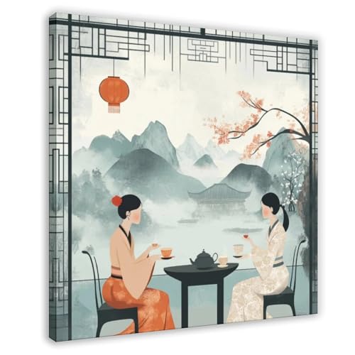 Poster style chinois cérémonie du thé toile décoration salon 40x40cm