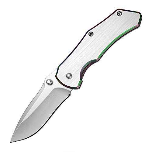 KUBEY 6.2in Stainless Steel Thumb Open Folding Pocket Knife with 2.6in Drop Point Blade and Stainless Steel Handle for Outdoor and Everyday Carry (Rainbow)