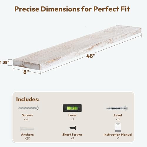 Image of Vivelove Elm Wood Floating Shelf 48x8 inch Set of 1, Weathered White