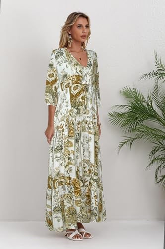 Image of Women Short Sleeve V Neck Floral Print Casual Bohemian Maxi Dresses
