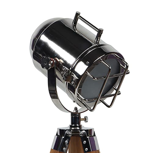 Image of Industrial Tripod Floor Lamp with Chrome Spotlight Head | Adjustable Wooden Studio Light for Home Decor - 37 Inch Height (Win Nickle)