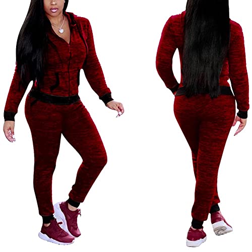 2 Piece Outfits For Women Sweatsuit Zip Up Hoodie Jacket And Long Sweatpants Clubwear Tracksuit Sportswear Set Wine X-Large #TOP2