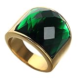 INRENG Men's Stainless Steel Diamond Cut Gemstone Ring 19mm Wide Wedding Band Gold Green Size 9