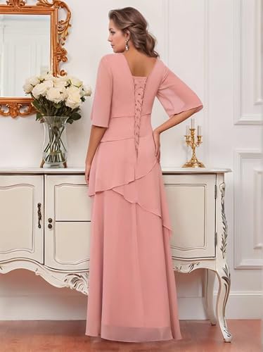 Chiffon Mother of The Bride Dresses 2025 Long Ruffle Tiered Short Sleeves Formal Evening Party Gowns for Women3