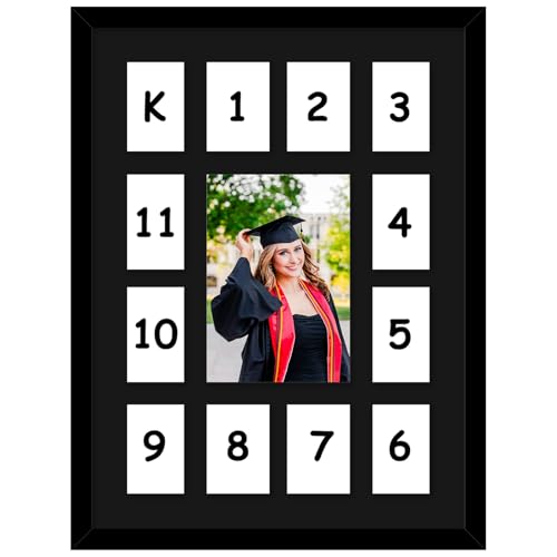 HEYTUYA 12x16 School Years Picture Frame K-12 Display One 5x7 Photo and Twelve 2.5x3.5 Pictures Graduation Photo Collage Black Frame with Mat and Plexiglass for Wall hanging Black Mat Black