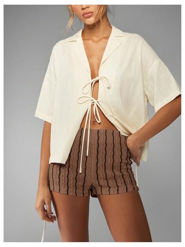 Image of MakeMeChic Women's Summer Crochet Shorts Striped Knit Pajama Micro Mini Shorts Lounge Bottoms