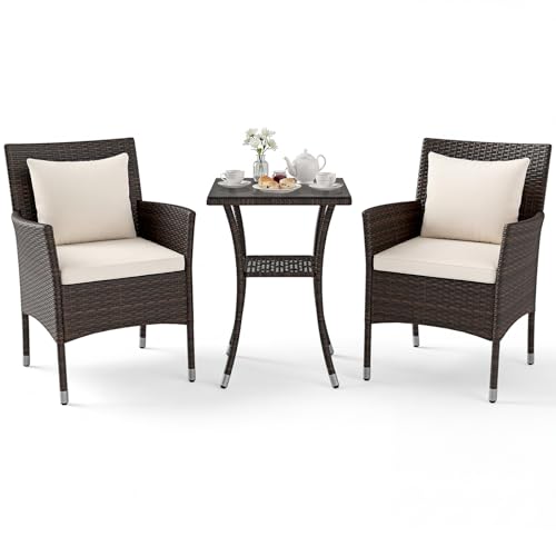 LIFEZEAL 2 Chaises de Jardin en Rotin PE avec Table Carrée en Verre Trempé, Salon avec Coussin Déhoussable, Ensemble Mobilier de Jardin Extérieur, Fauteuil...