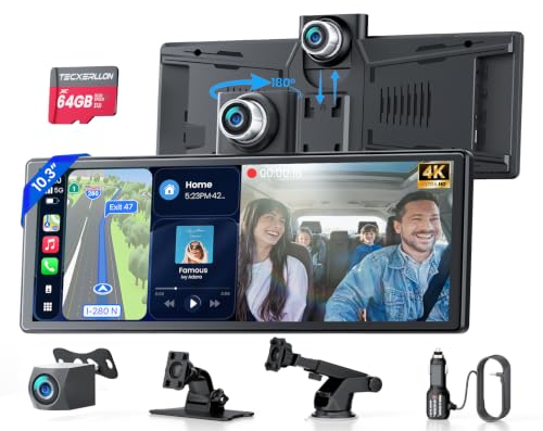 Image of TECXERLLON 10.3 inch Portable CarPlay Screen for Car with Rotatable 4K Dash Cam