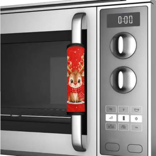 Image of Refrigerator Door Handle Covers Set of 6 Kitchen Electrical Appliances Handle Protector for Christmas Winter Holiday Home Decor, Cute Reindeer Print Red
