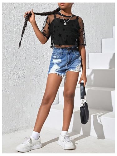 Girl's 2 Piece Set Star Graphic Sheer Mesh Shirt Crew Neck Short Sleeve Crop Top with Camisole3