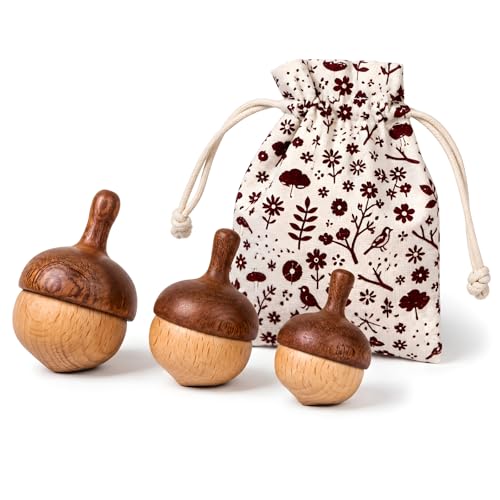 Wooden Spinning Tops Acorn Toy | 3 Pcs Wood Tops Made from Hardwood with Cotton Drawstring Storage Bag | Smooth & Safe for Skill Play and Travel, Gift-Ready | DadCarved