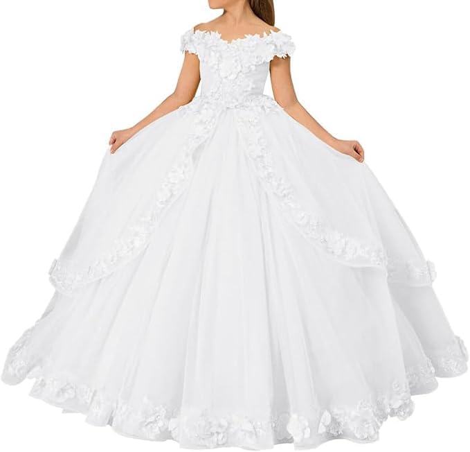 Tulle Flower Girl Dress for Wedding Off Shoulder Pageant Princess Dresses for Girls Appliques Evening Ball Gown