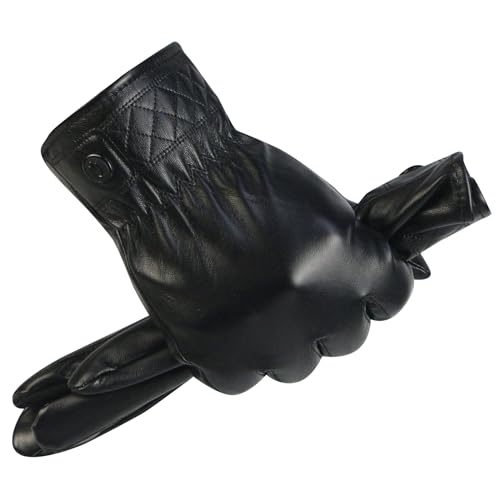 Long Keeper PU Lederhandschuhe Herren Winter Veganes Leder Touchscreen Thermo Warme Handschuhe Schwarz zum Fahren Motorrad Laufen Radfahren