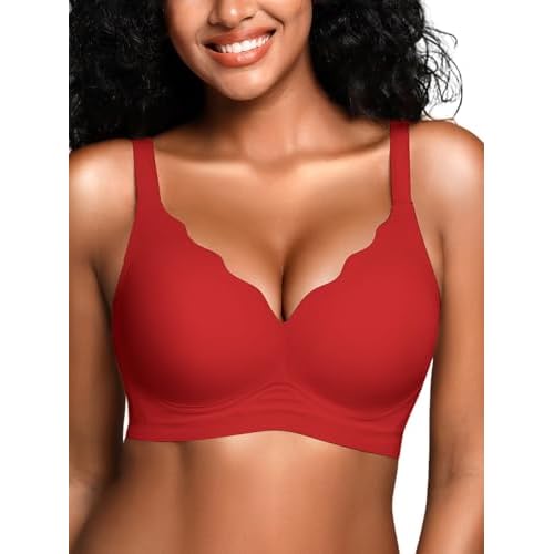 Wireless Jelly Bras for Women No Underwire with Support - S-2XL Seamless Bralettes Everyday Comfort Tshirt Padded Bra Red XX-Large