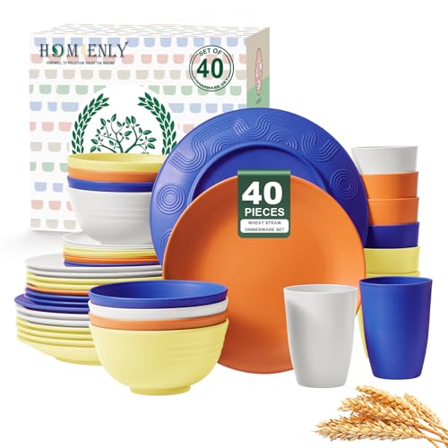 Image of Homienly 40-Piece Wheat Straw Dinnerware Sets, Unbreakable Reusable Dinnerware Set, Service for 8, Kitchen Cups Plates and Bowls Set, Dishwasher Microwave Safe Dishes Set for Camping, Party - Mondrian
