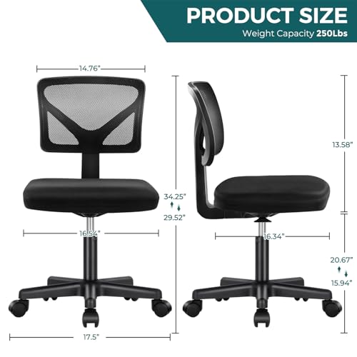 Image of DUMOS Armless Office Chairs with Wheels, Ergonomic Adjustable Home Desk Swivel Rolling Task Chair No Arms, Comfy Mesh Mid Back Computer Work Vanity Desk Chairs for Small Spaces, New Black