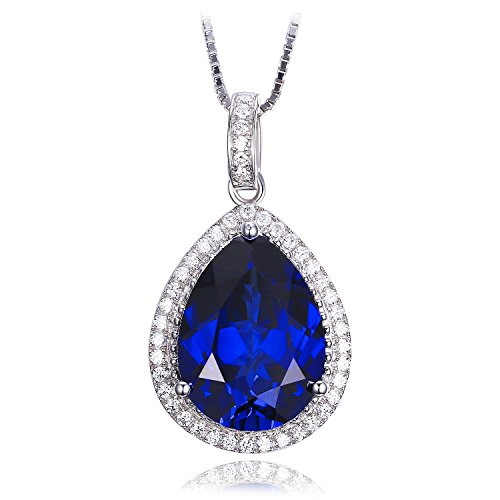 JewelryPalace Huge Pear Cut 10.9ct Created Blue Sapphire Halo Pendant Necklace for Women, 14k White Gold Plated 925 Sterling Silver Necklaces for Her, Gemstone Necklace 18 Inches Chain Jewelry Sets