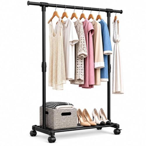 Image of 𝗞𝗢𝗦𝗠𝗘𝗥 Heavy-Duty 𝗠𝗲𝘁𝗮𝗹 Hanger Stand for 𝗖𝗹𝗼𝘁𝗵𝗲𝘀 Hanging, Garment 𝗦𝘁𝗮𝗻𝗱 𝗥𝗮𝗰𝗸 Clothe Storage Freestanding 𝗖𝗹𝗼𝘁𝗵 𝗛𝗮𝗻𝗴𝗶𝗻𝗴 Stand for Bedroom, Entryway, Living Room