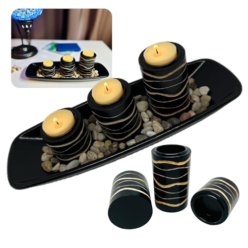 Portavelas de Madera Incluidas 3 Velas Aromáticas de Miel – Boda, Comuniones, Hogar – Centro de Mesa Decorativo Salón, Comedor, Terraza – Soporte Moderno Jardín Zen Velas Pequeñas Yoga