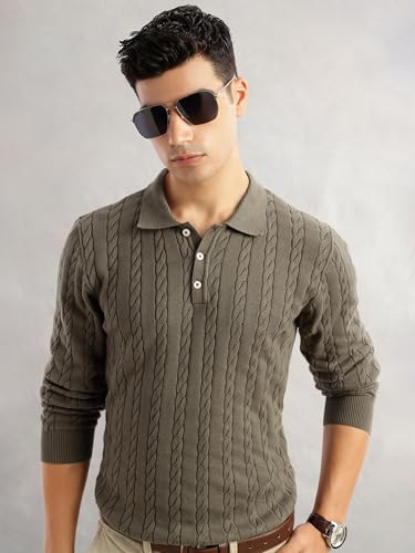 Image of Thomas Scott Men's | Regular Fit | Long Sleeves | Self Design | 100% Cotton | Button Closure | Dry Clean | Polo Collar | Knitted | T-Shirt