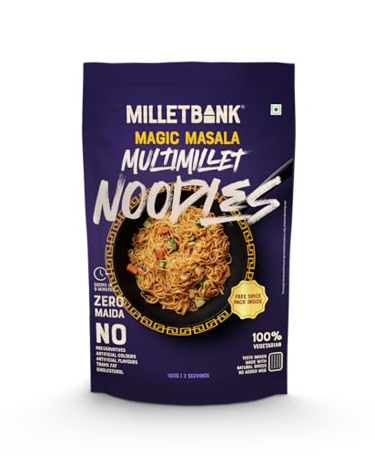 Image of Millet Bank Multigrain Magic Masal Hakka Noodles|Made with 9 Millets & Whole Wheat|Healthy Indian Masala Blend Gluten Free | Pack of 2 (180 g Each)
