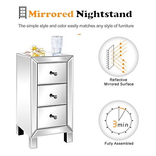 Image of VINGLI Mirrored Nightstand with 3-Drawers Silver Side End Table Mirrored Furniture for Small Space, Bedroom, Living Room