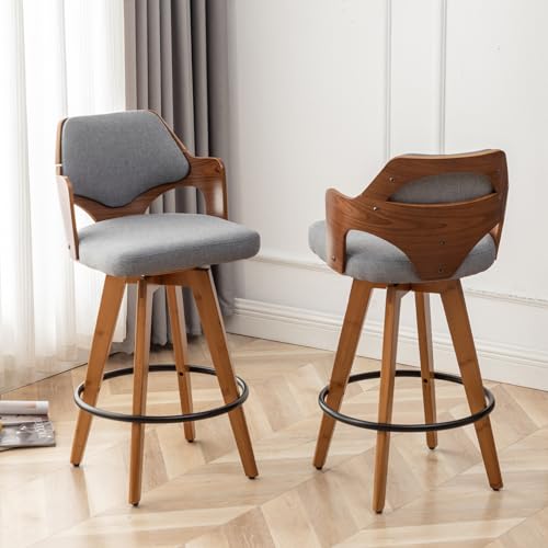 MEKLIBA Swivel Bar Stools Set of 2,Counter Height Bar Stools,Upholstered Bar Chair with Bamboo Legs,Low Back Counter Stools for Kitchen Island (Gray-Fabric)
