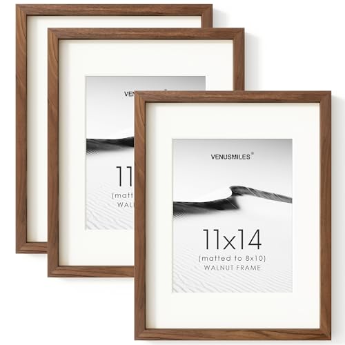 Image of 11x14 Picture Frame Set of 3, USA-Sourced Natural Walnut Wood Photo Collage Frame with HD Tempered Glass, Modern Simple 11 x 14 Wooden Frame Matted to 8x10, Vertical & Horizontal Wall Hanging Display