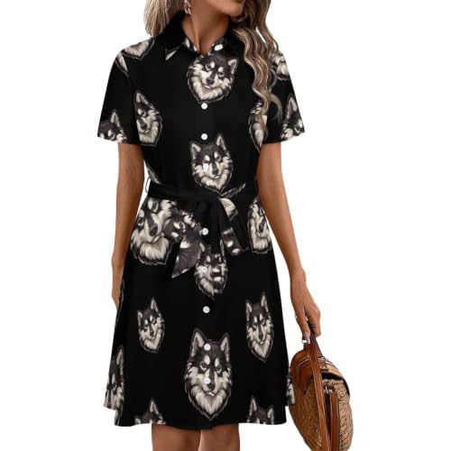 Robe chemise Malamute de l'Alaska femme midi manches courtes été boutonnée