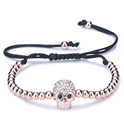 Unendlich U Fashion Schädel Totenkopf Damen Kinder Armband Geflochten Baumwollseil Legierung Zirkonia Kugeln Beads Verstellbar Armreifen, Rosegold