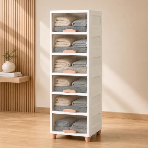 Image of HoopVool Foldable Storage Cabinet, Stackable Plastic Storage Box with Front Opening Door, Dustproof Organizer for Clothes, Toys, Books, Bathroom & Bedroom (6-Tier (33 X 38 X 156 CM))
