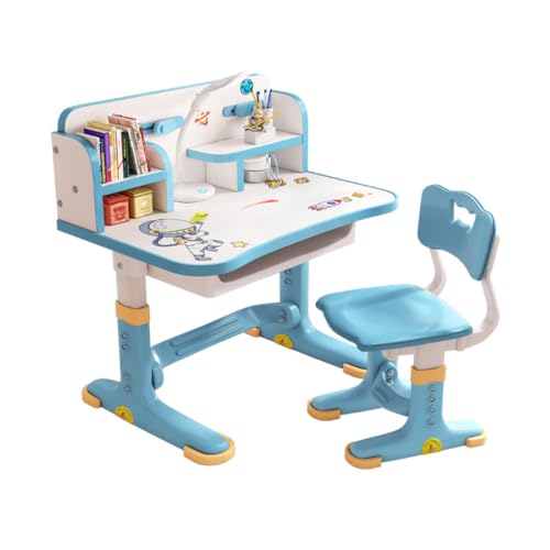 lamphle Adjustable Height Kids Desk Chair Set with Drawer, Cartoon Pattern Ergonomic Study Table, Multi-Separation Writing Furniture for Children Aged 3-16, Student Learning Station Blue - Image 3
