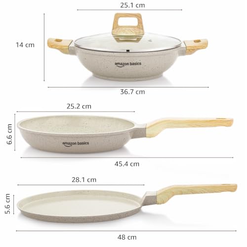 Image of Amazon Basics Ceramic Non Stick Cookware Set 3 Pieces | 28cm Dosa Tawa, 24cm Fry Pan, 24cm Kadai with Glass Lid (2.3L) | Gas & Induction Compatible | Wooden Finish Bakelite Handle | Ivory