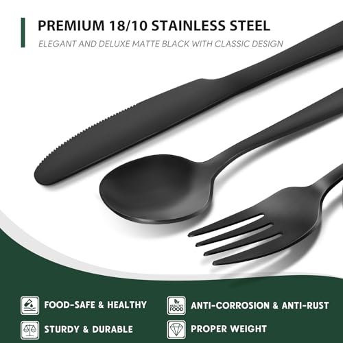 Hiware 48-Piece Matte Black Silverware Set with Steak Knives, Black Flatware Set for 8, Stainless Steel Tableware Cutlery Set, Utensil Sets for Kitchen by HIWARE - Image 3