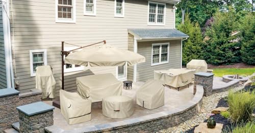 Image of Porch Shield Fire Pit Cover - Waterproof 600D Heavy Duty Fade Resistant Round Patio Fire Bowl Cover Beige - 56 inch