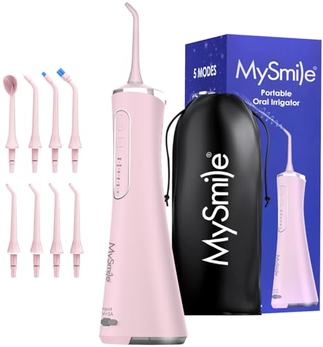 MySmile LP211 Cordless Water Flossers Portable Rechargeable Oral Irrigator for Teeth Cleaning 5 Cleaning Modes IPX7 Waterproof 8 Replacement Tips and a Storage Pouch (Juicy Pink)