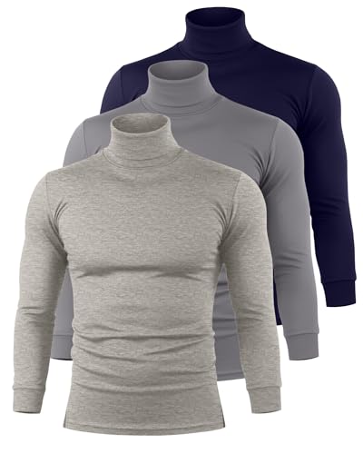Riyiper 3 Pack Men's Turtleneck Shirts Thermal Basic Knitted Long Sleeve Casual Slim Fit Winter Pullover Tops(Gray, Oatmeal White, Dark Navy,L)