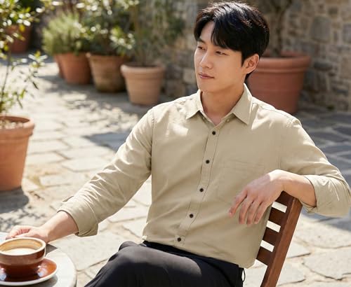 Image of Men's Long Sleeve Dress Shirt,Light Beige, Button Down, Chest Pocket, Casual Formal Wear