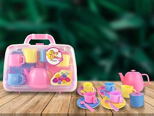 Vinsani 15 Piece Colourful Plastic Tea Party Set Includes Teapot, Jug, Sugar Bowl, Saucers & Spoons with Portable Carry Case for Boys Girls Pretend Play Age 3 Years